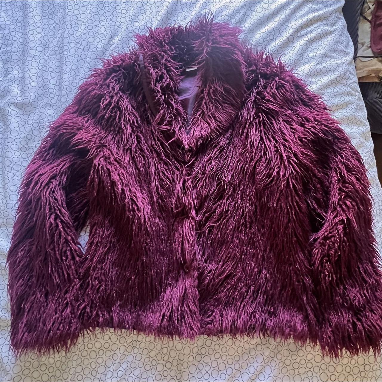 Fun shaggy maroon burgundy lined jacket. Size 14. Depop