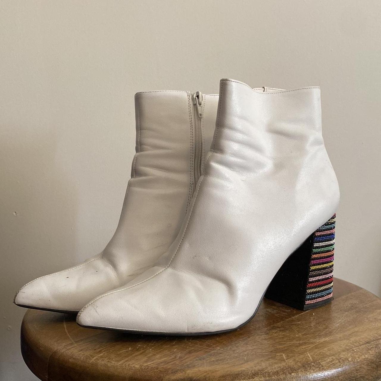 Betsy Johnson white leather ankle boots. Zip up. Has... - Depop