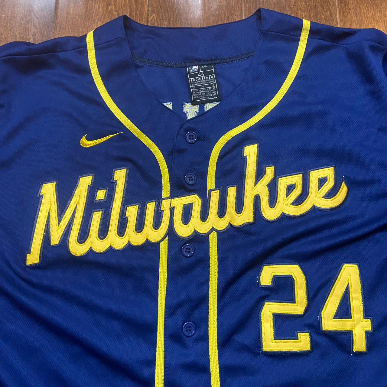 Nike MLB Milwaukee Brewers #24 Pavey Navy Yellow - Depop