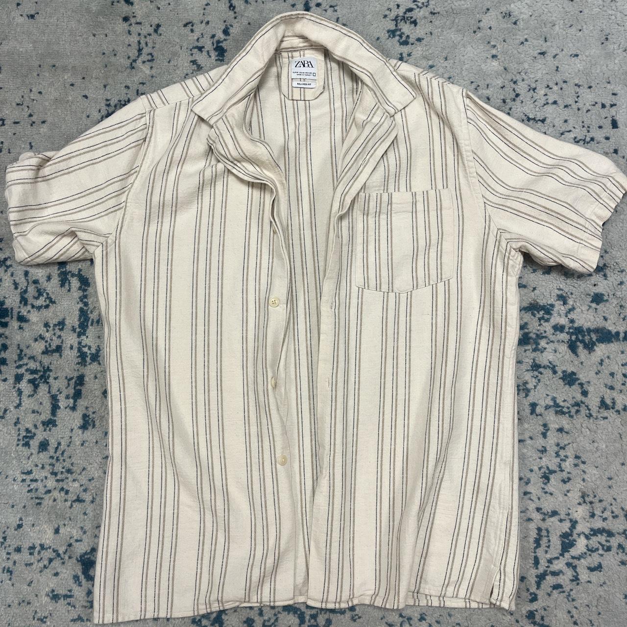 Zara men’s cream stripped summer button up top size M - Depop