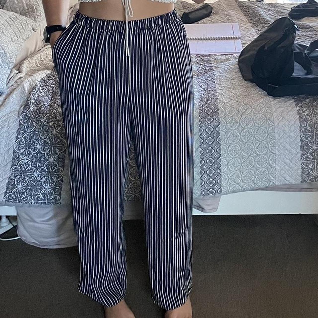 Navy and cream coloured stripe pants. Size 12 would... - Depop