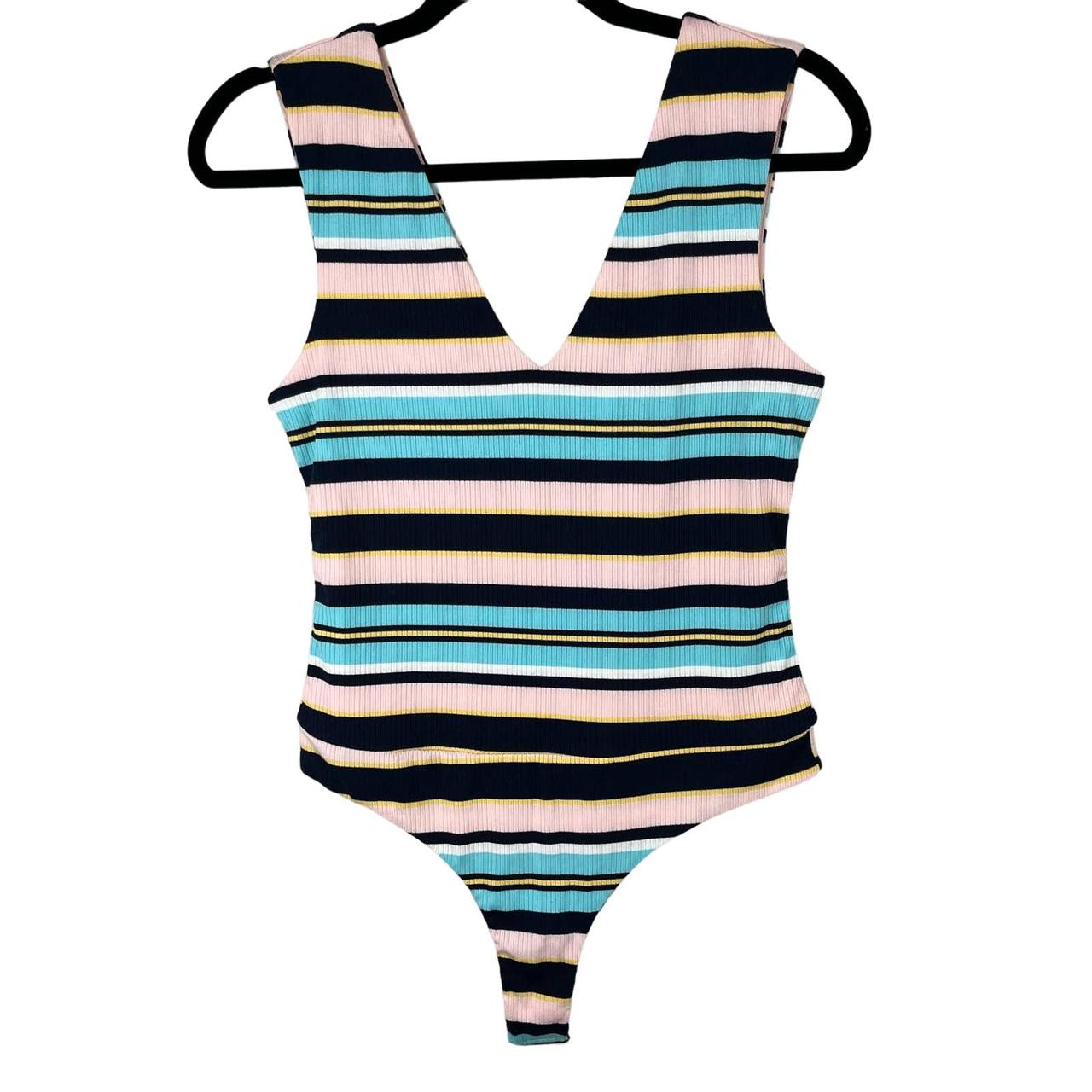 V-neck Bodysuit - White/striped - Ladies