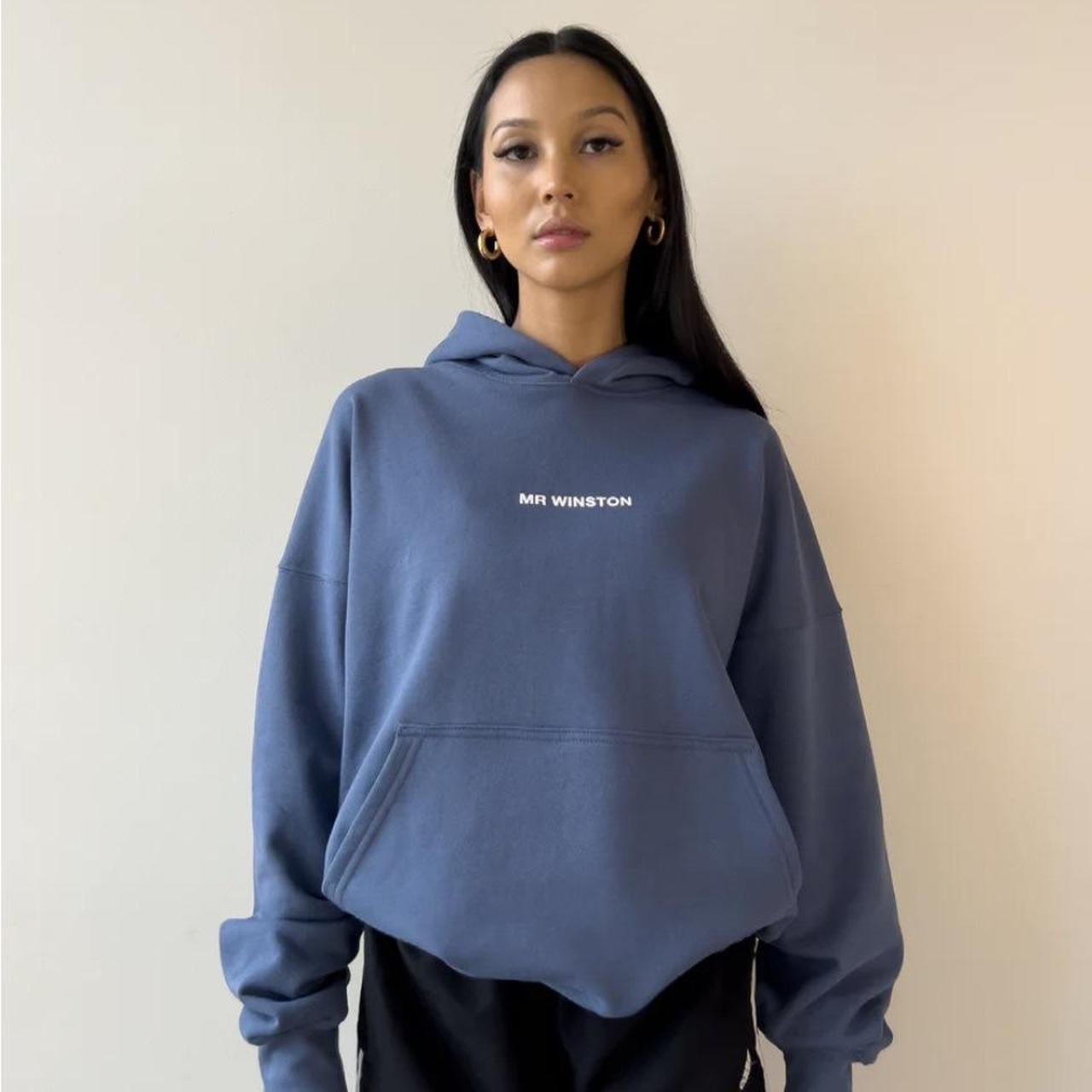 Mr Winston Women's Blue and White Hoodie Depop