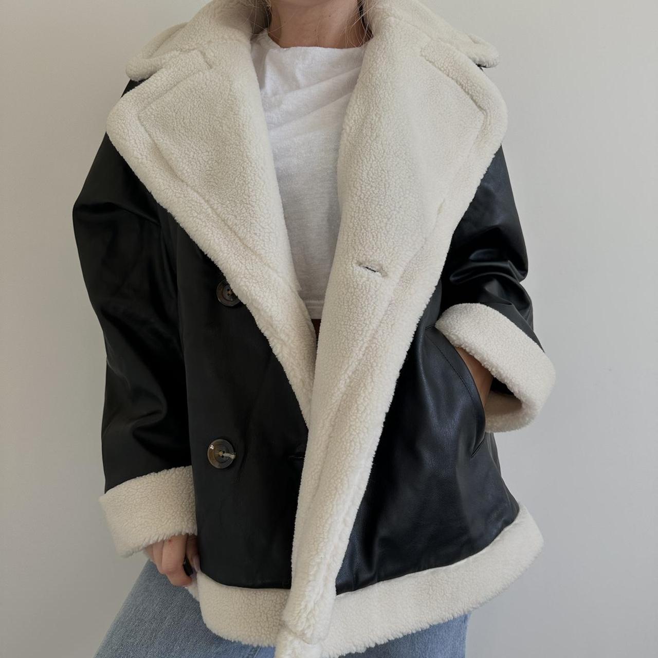 Zara white cream faux fur leather shearling aviator jacket