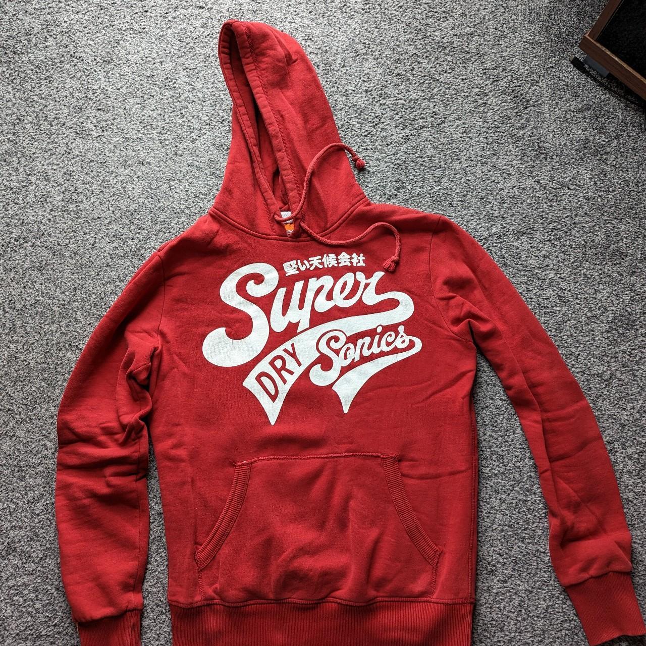 Red superdry hoodie White superdry logo Small signs... Depop