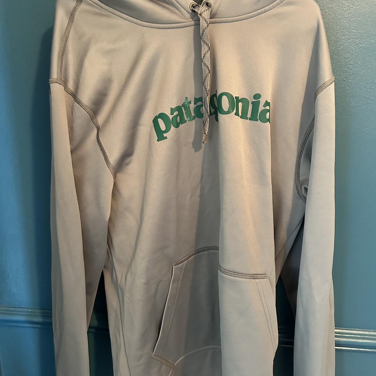 Patagonia Hoodie Grey w/ Green writing Size:... - Depop