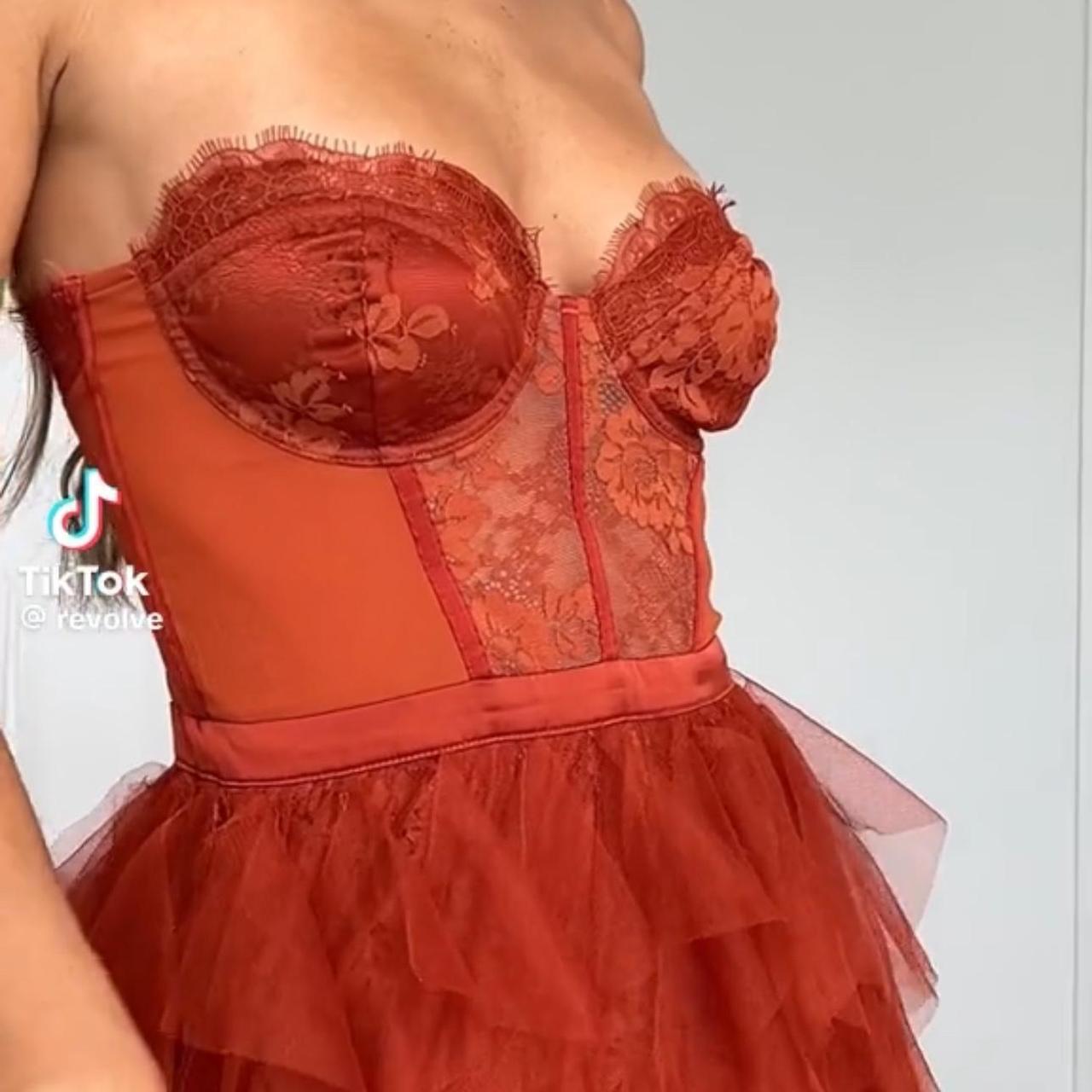 x REVOLVE Bustier Gown in Rust For Love & | Depop
