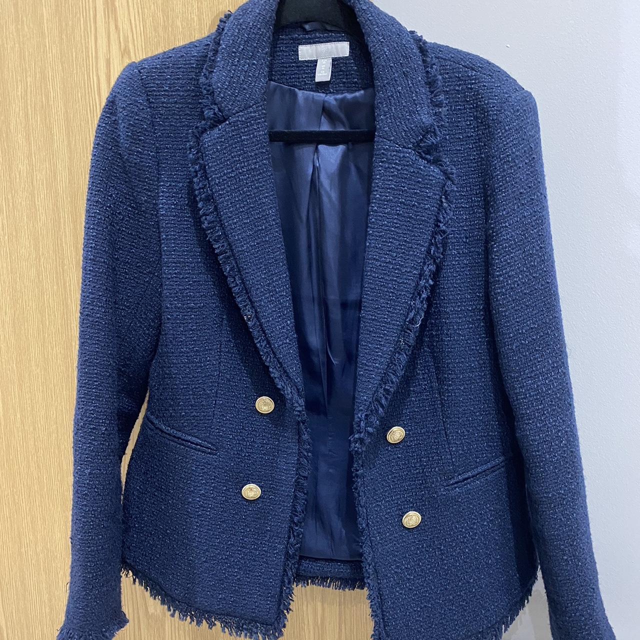 H and M Navy Blue Tweed Blazer - size 14. Worn twice... - Depop