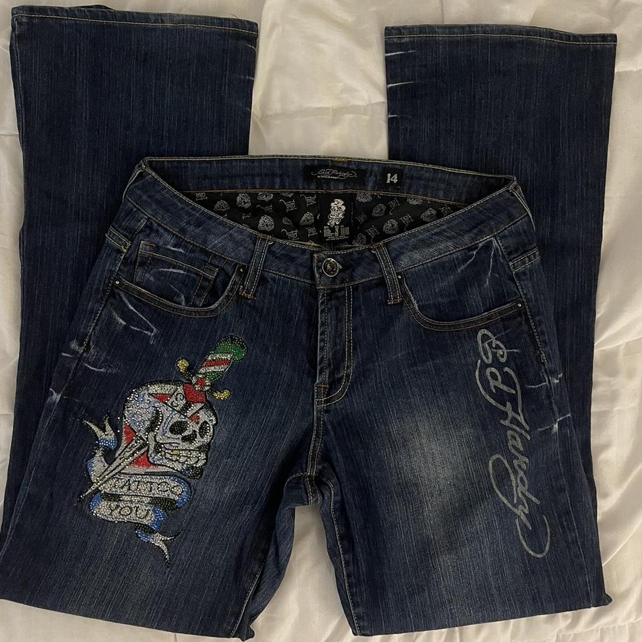 Ed hardy baggy dark blue rhinestone bedazzled jeans... - Depop