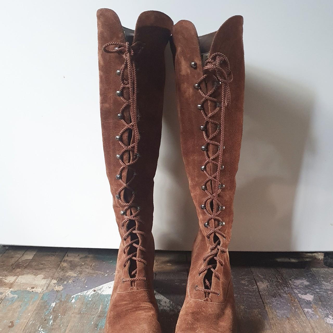 RARE Vintage 60s Brown Suede Lace Up Gogo Boots in... - Depop