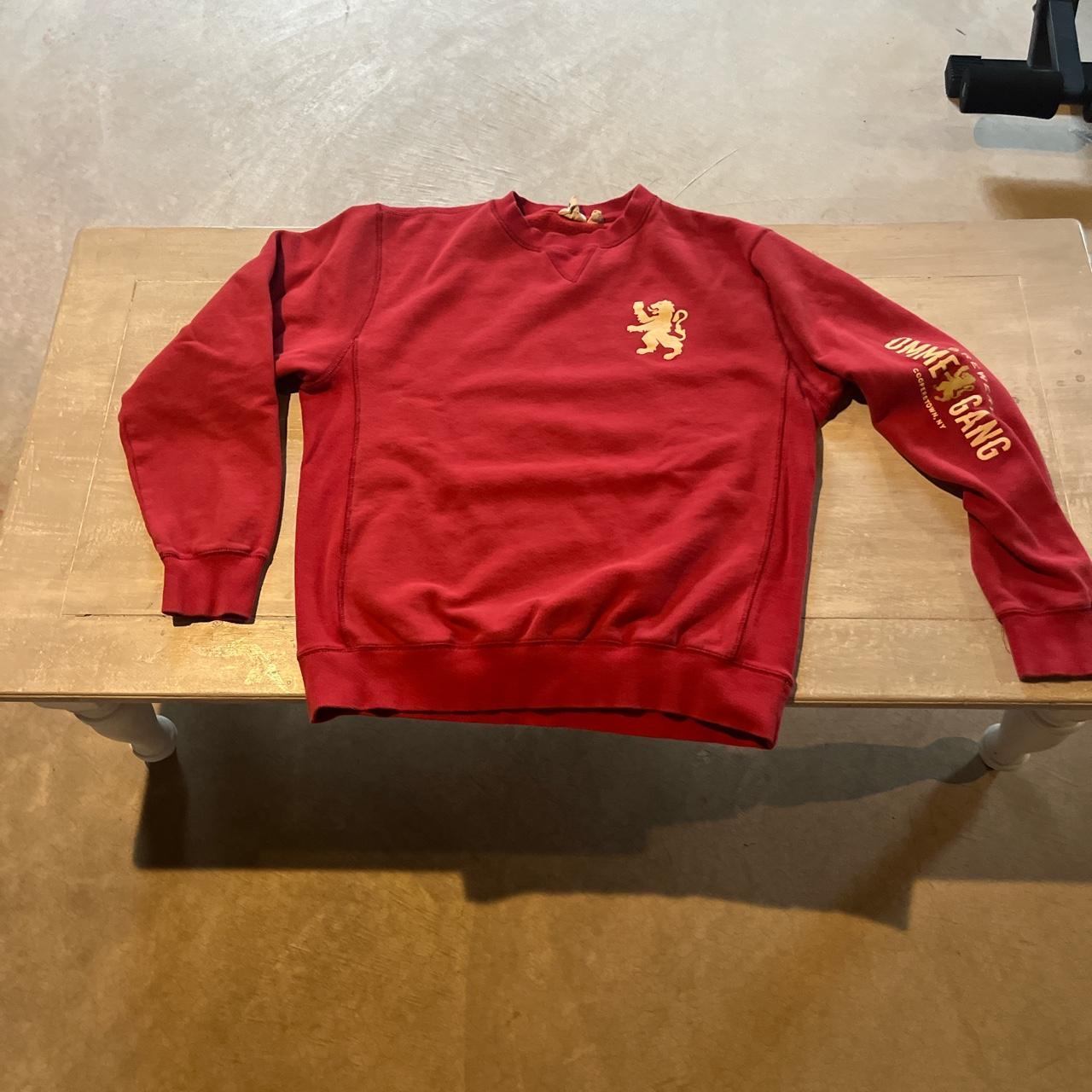 Red crewneck sweater With design on sleeve Size... - Depop