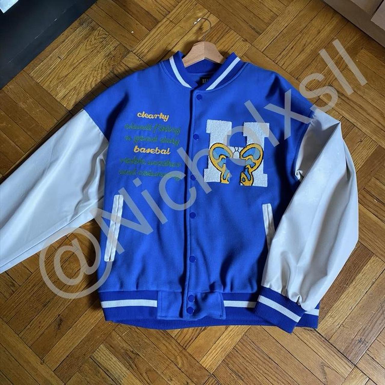 Represent Cobalt Blue Varsity Jacket Worn once - Depop