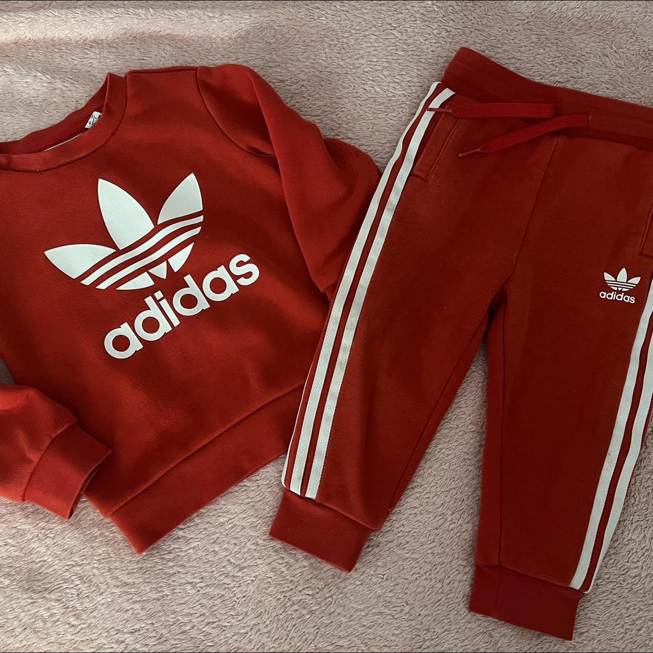 Unisex boys girls red Adidas jumper and bottoms... - Depop