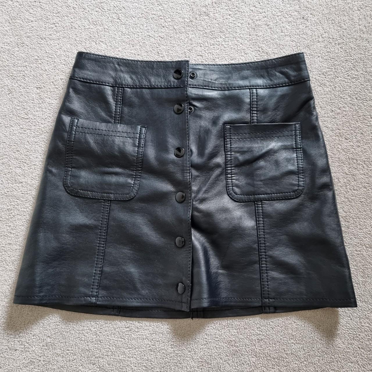 Black faux leather button up mini skirt, size xs/6,... - Depop