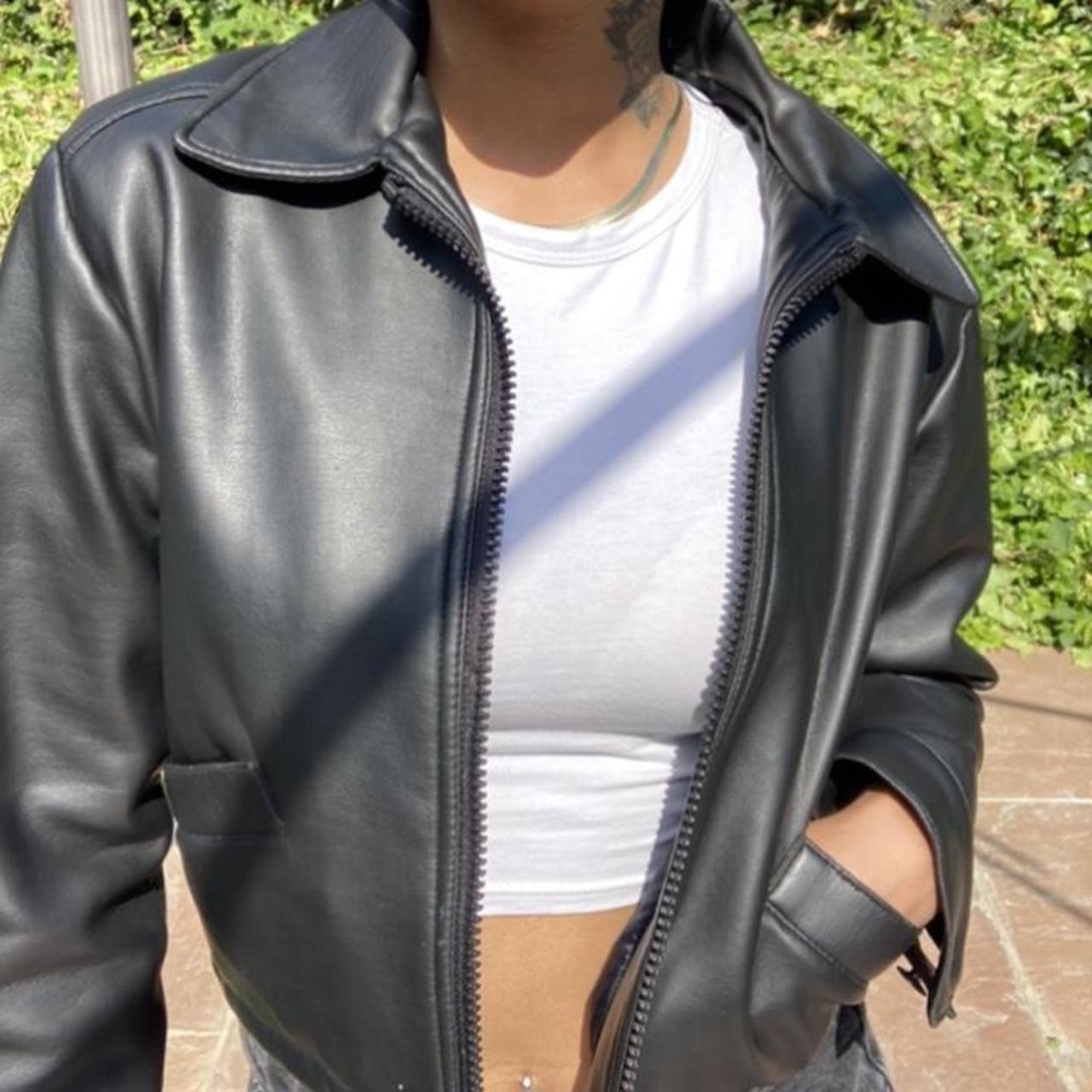 Black cropped leather jacket - Depop