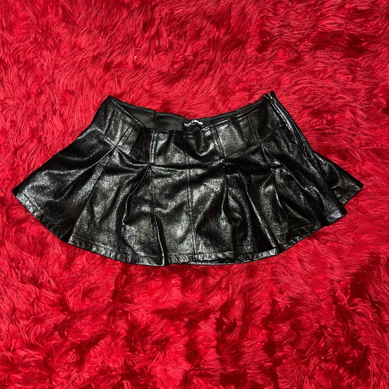 Low waisted black leather pleated mini skirt (Never... Depop