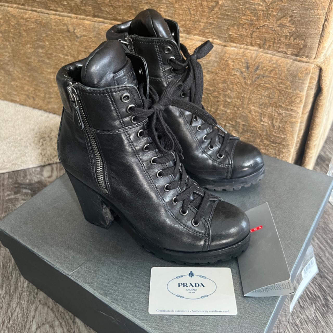 Rare PRADA 3TP016 Chunky Moto Heeled Boot Leather. Depop