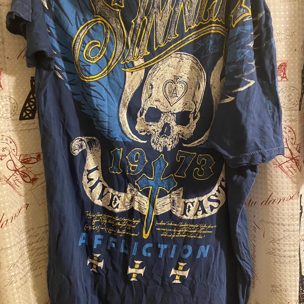 Affliction Men's Blue and Black T-shirt | Depop