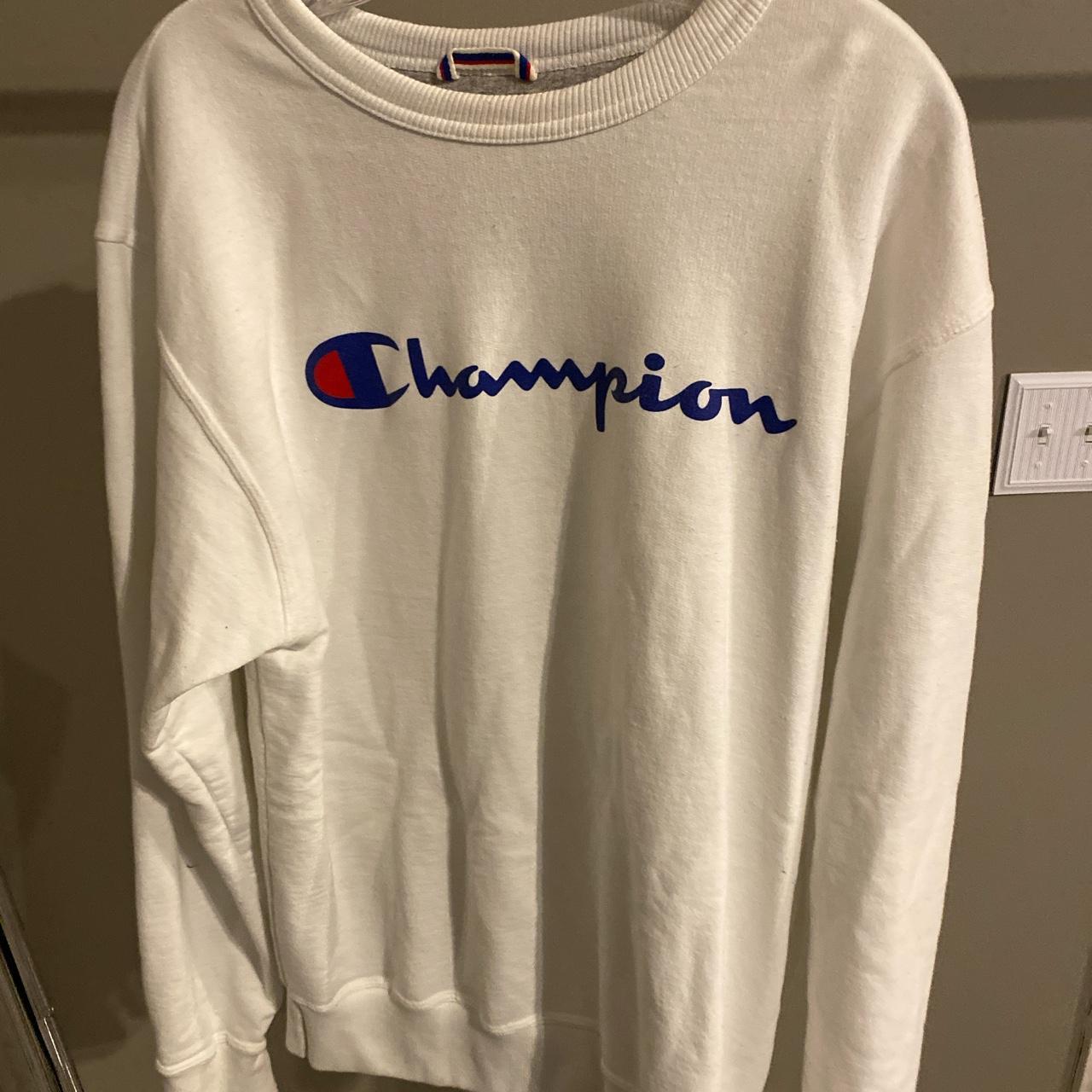 White Medium Champion Crewneck (Dirt stain on... - Depop