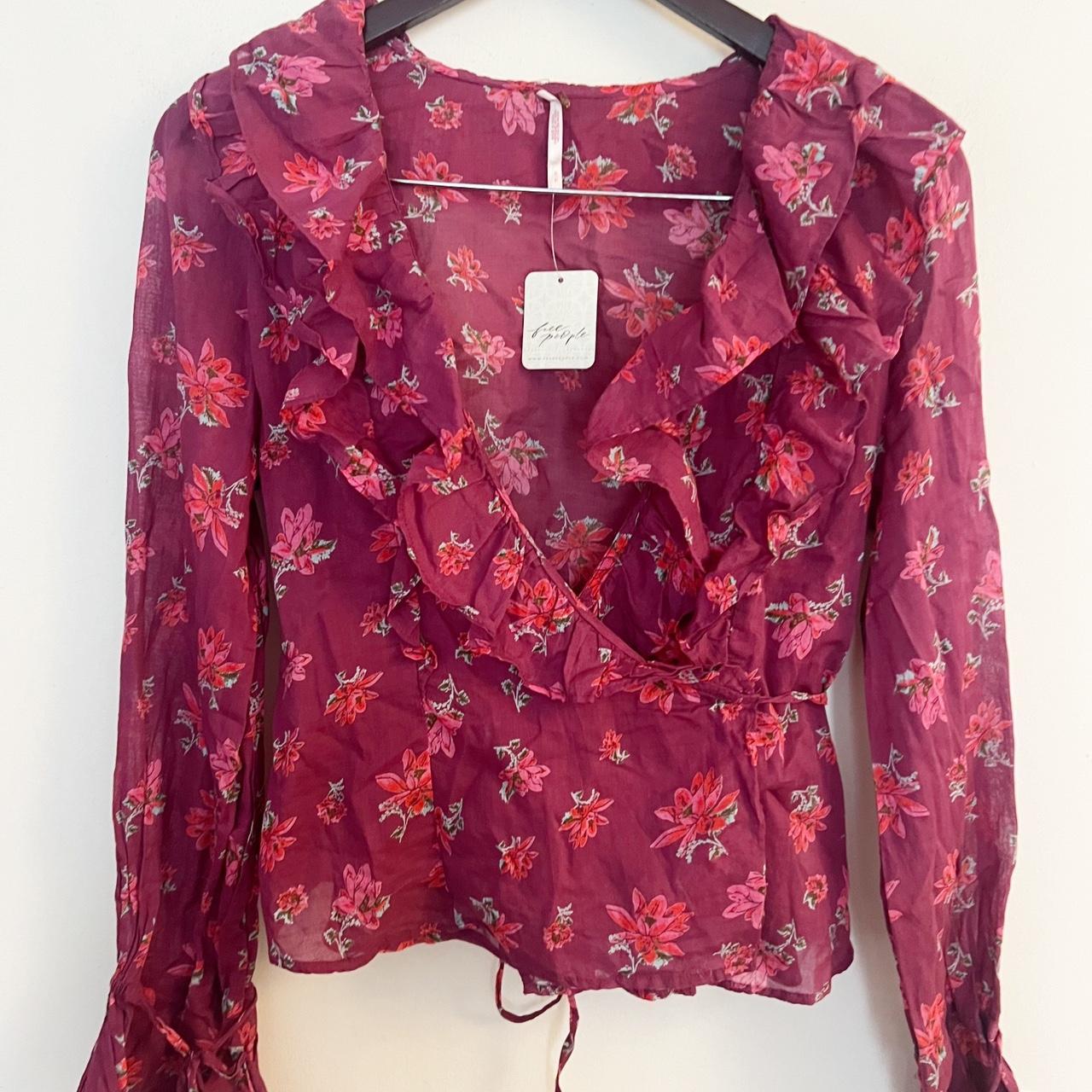 Free People Amanda Sultry Burgundy shops Ruffle Floral Print Long Sleeve Wrap Top XS