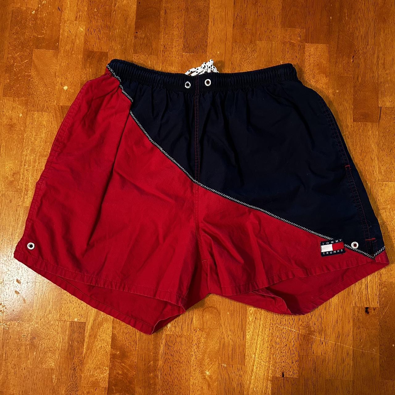 Tommy Hilfiger Men's Red and Navy Shorts Depop