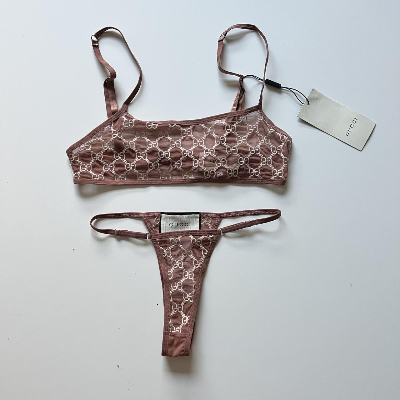 Brown and cream Gucci mesh thong and bralet set - Depop