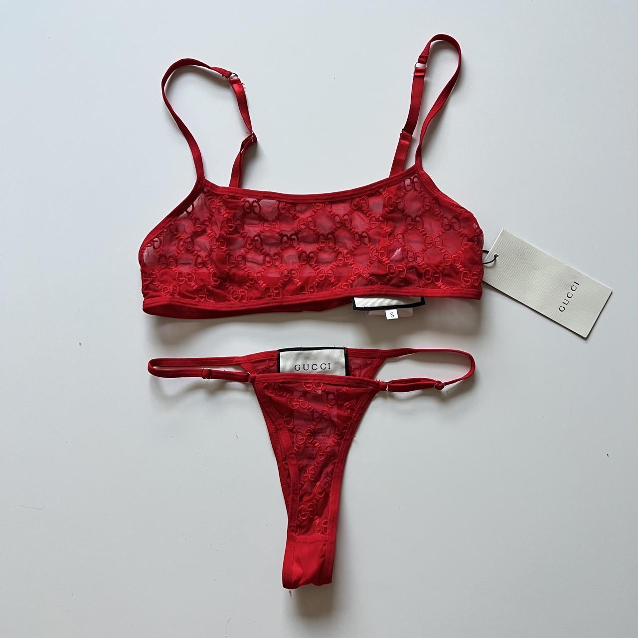 Red lace mesh embroidered Gucci thong and bralet set - Depop