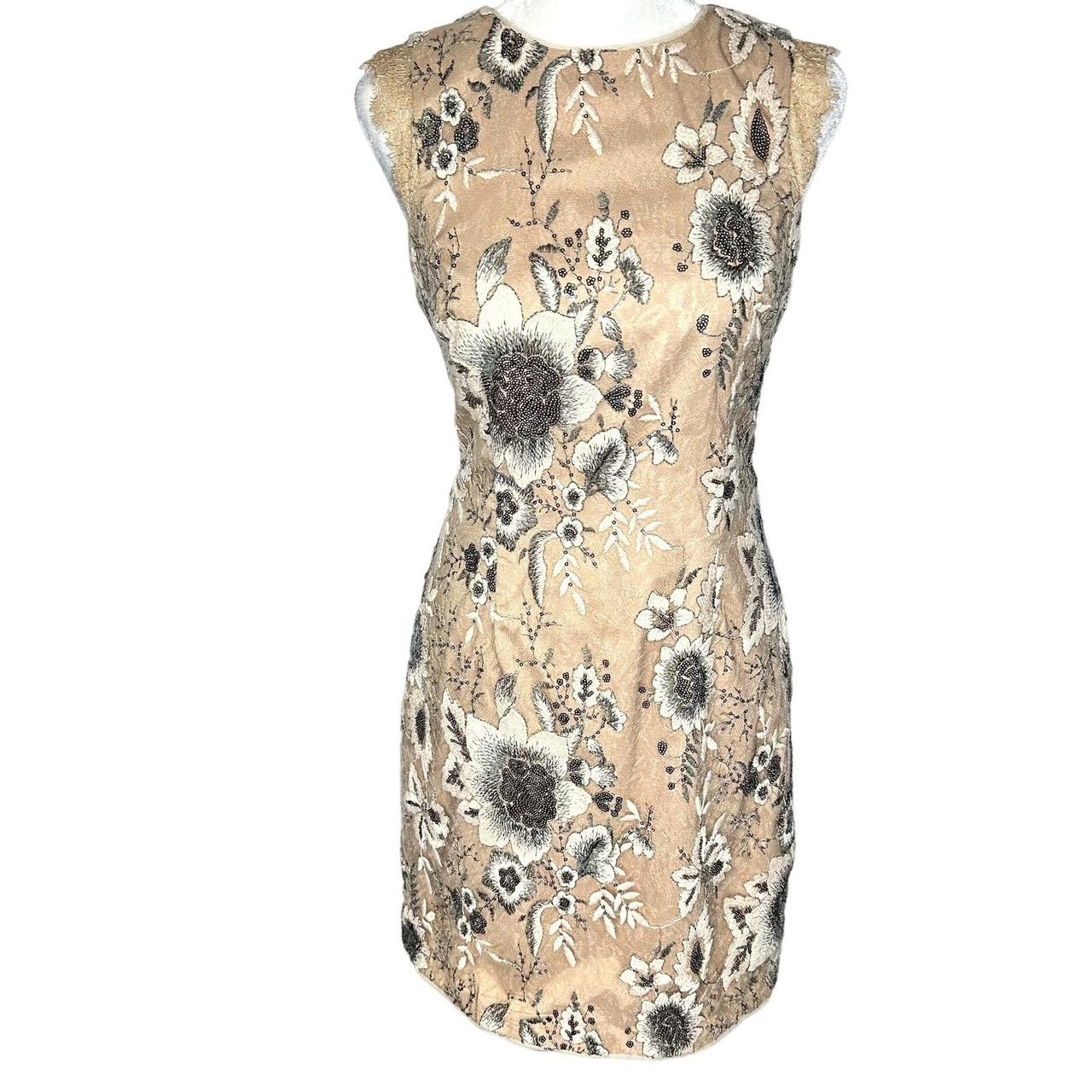 Aidan Mattox Tan Nude Gray Sequin Floral Lace Trim