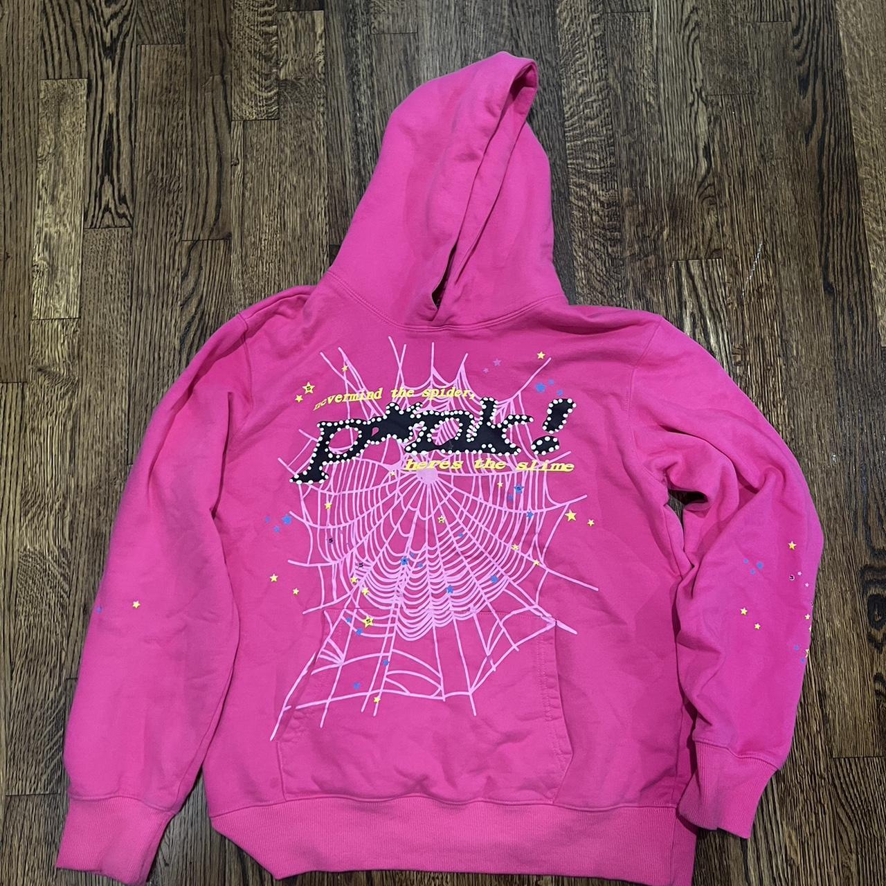 pink spider hoodie tagged L but shrunk so fits more... - Depop