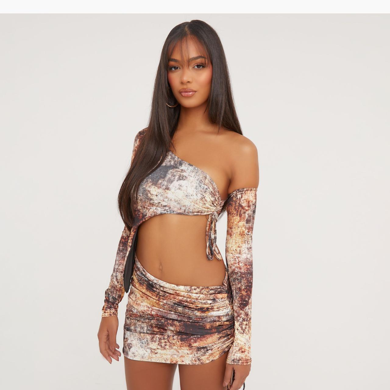 EGO one sleeve asymmetrical print crop top Depop