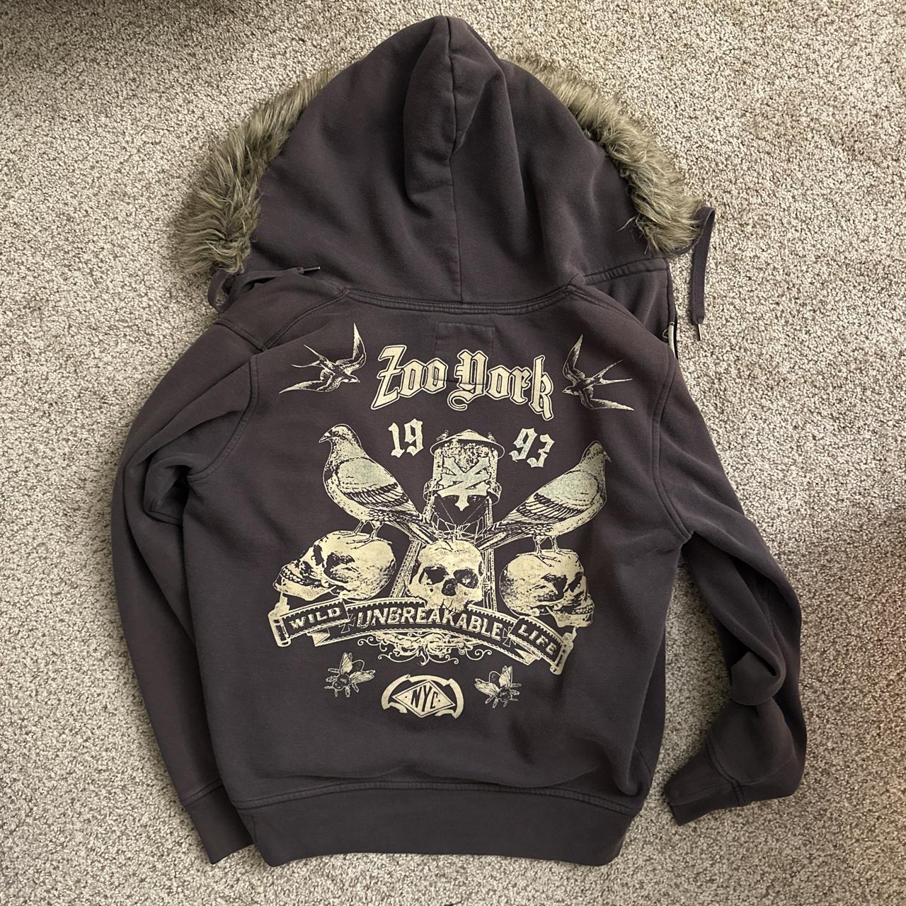 rare vintage zoo york fur hoodie, zipper is broken... - Depop