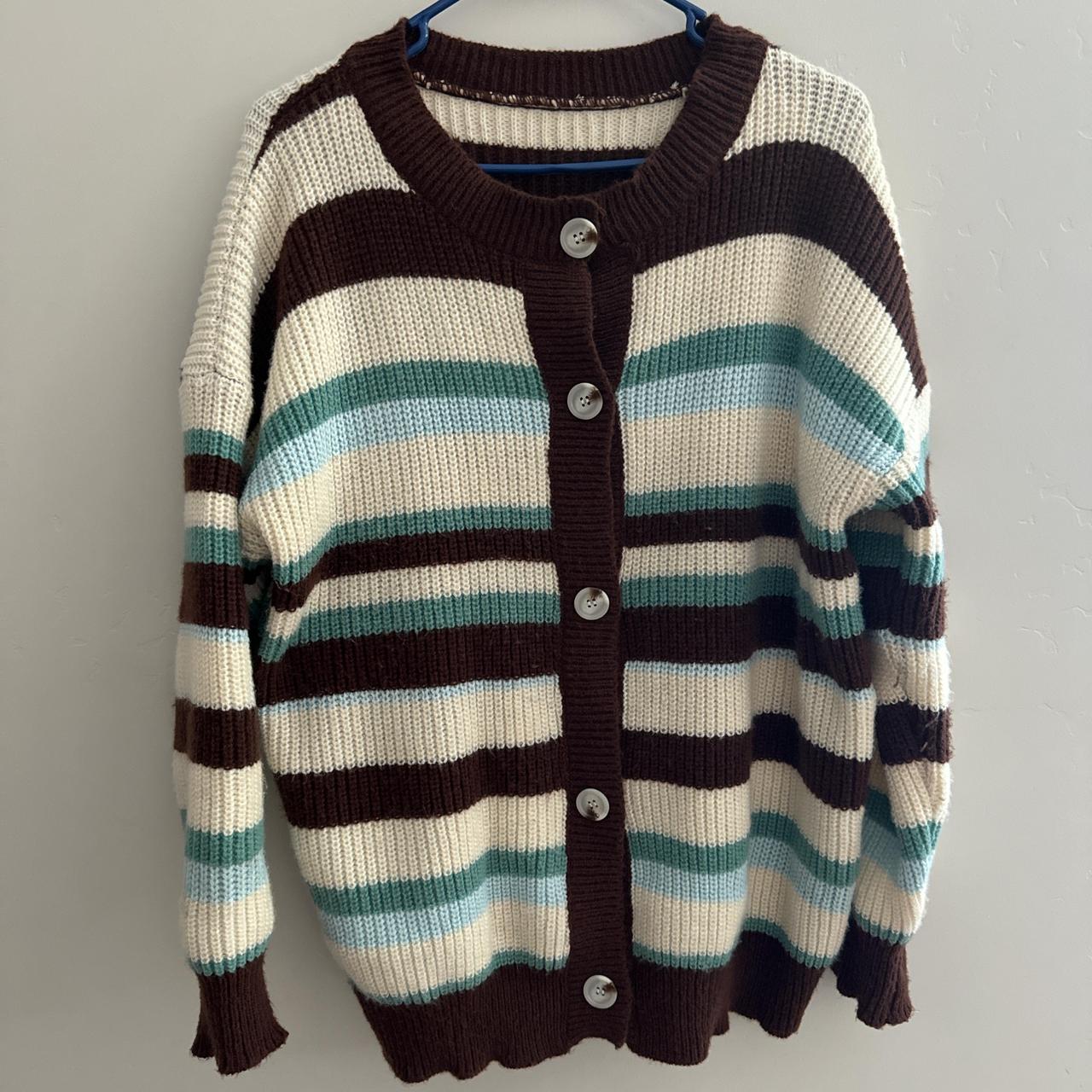 Brown and blue striped cardigan sweater super