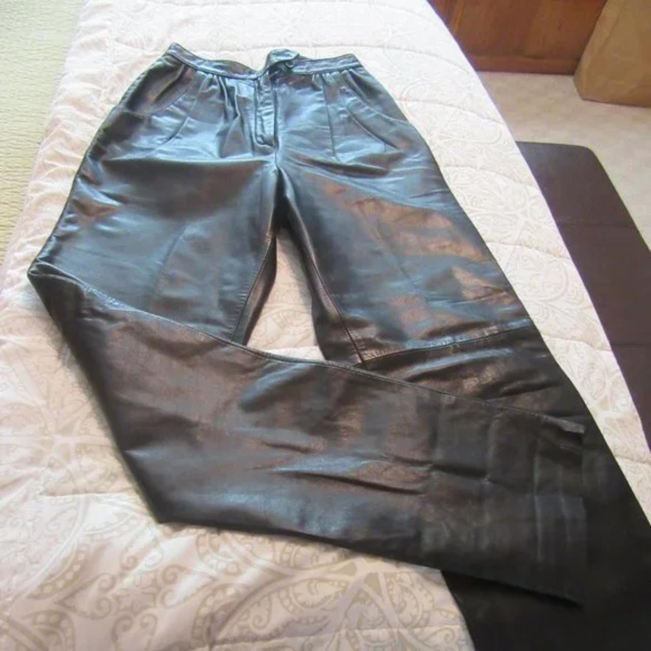 High Waisted Straight Legged Black Leather Pants... - Depop