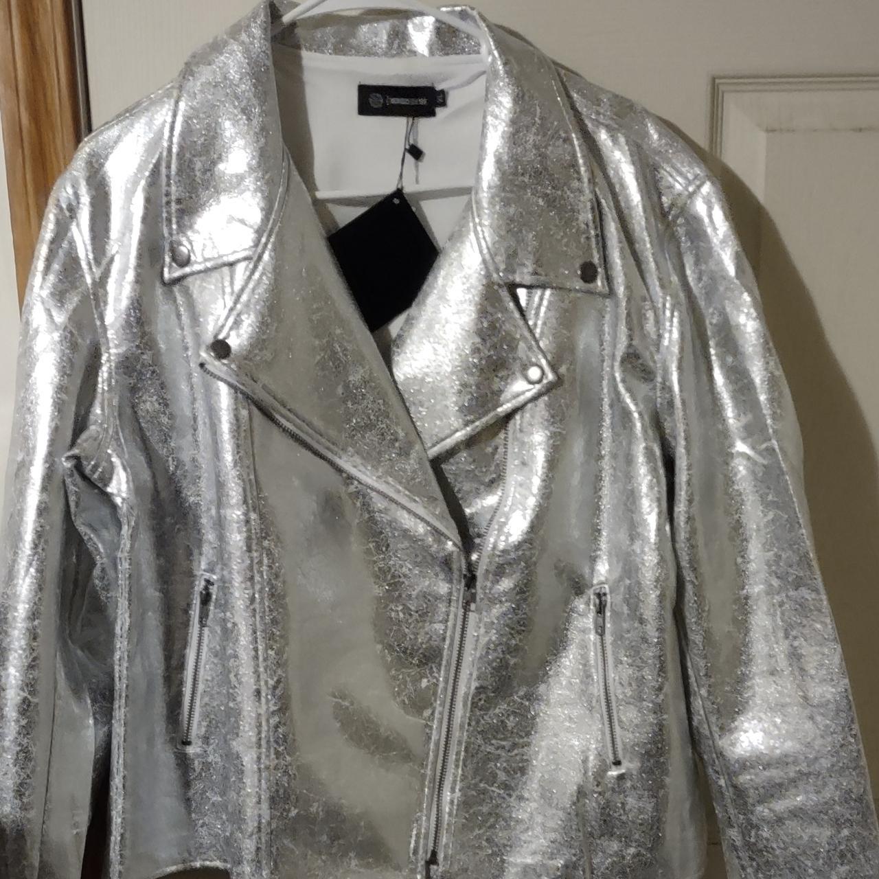 silver faux leather moto jacket from Merigold Kiss,... - Depop