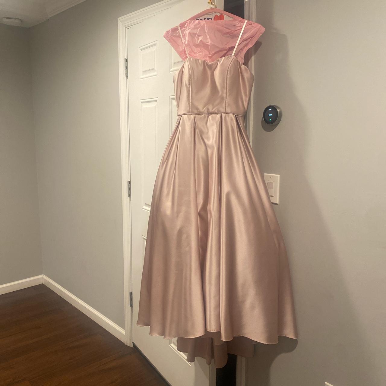 blush pink beautiful long strapless satin poofy,... Depop