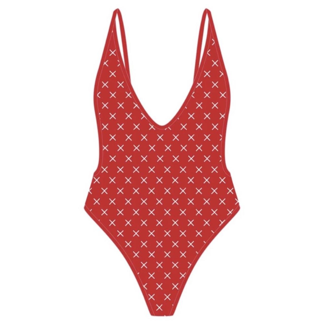 Red Logo Print Retro One Piece Boutine LA Swimsuit... Depop