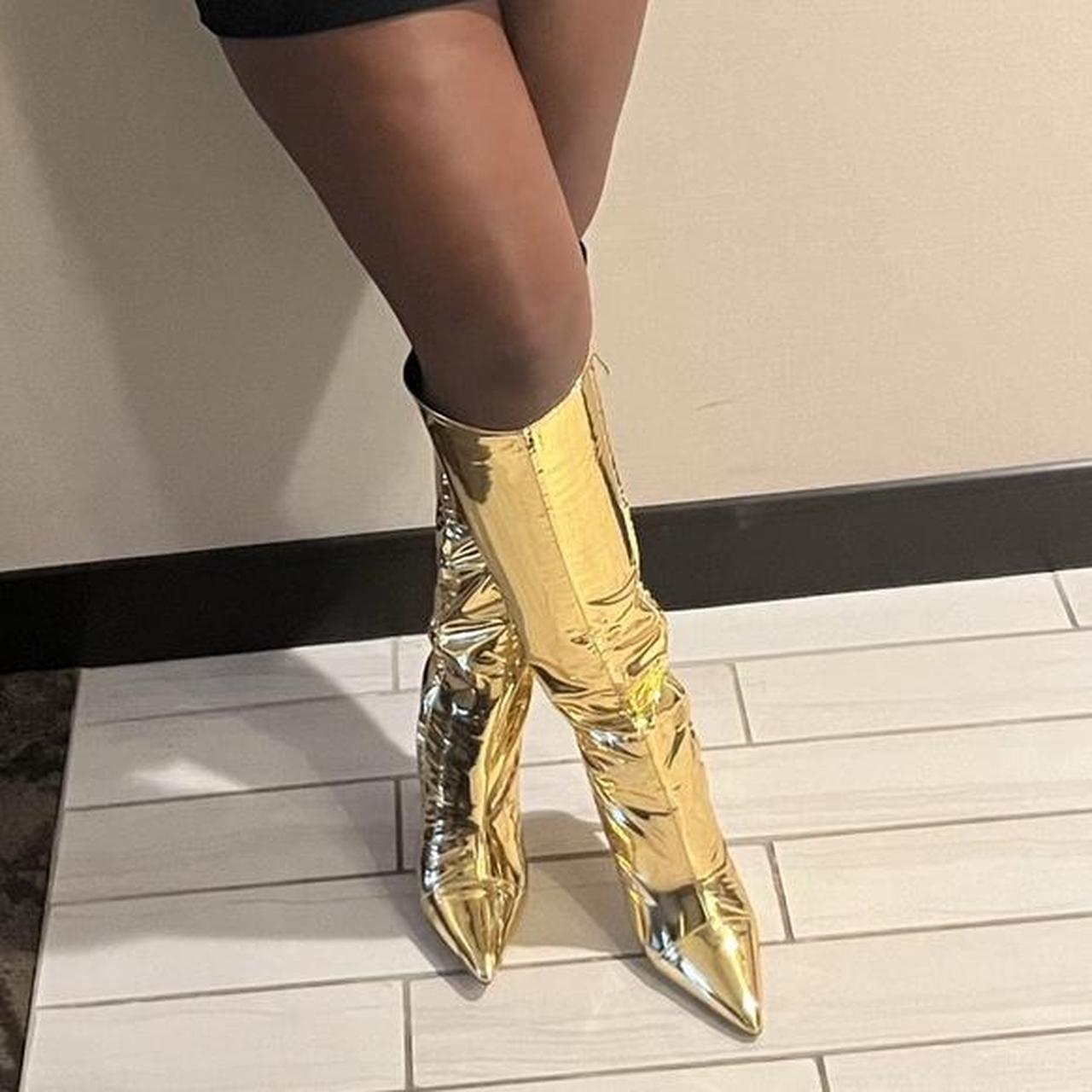 Gold metallic outlet thigh high boots