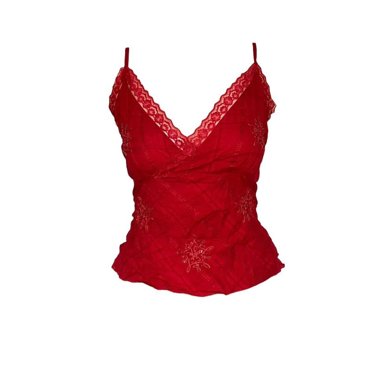 Vintage 2000s Red Lace Cotton Floral Cami Vest... - Depop