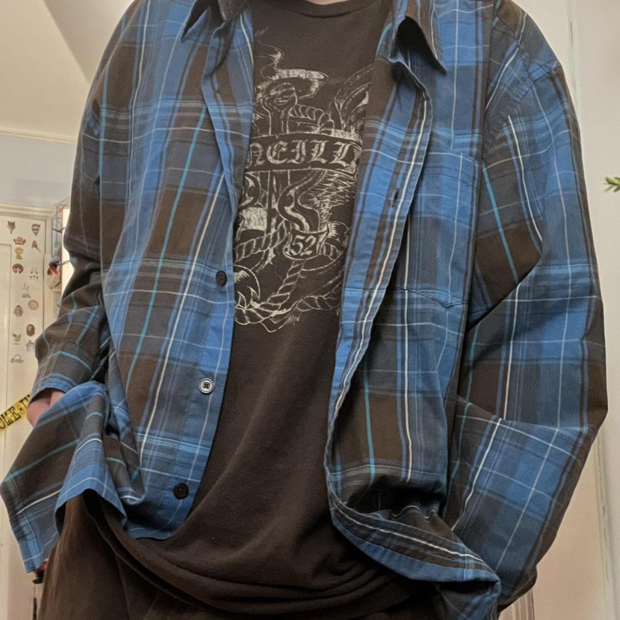 Vintage retro fit blue and brown flannel hand made... Depop