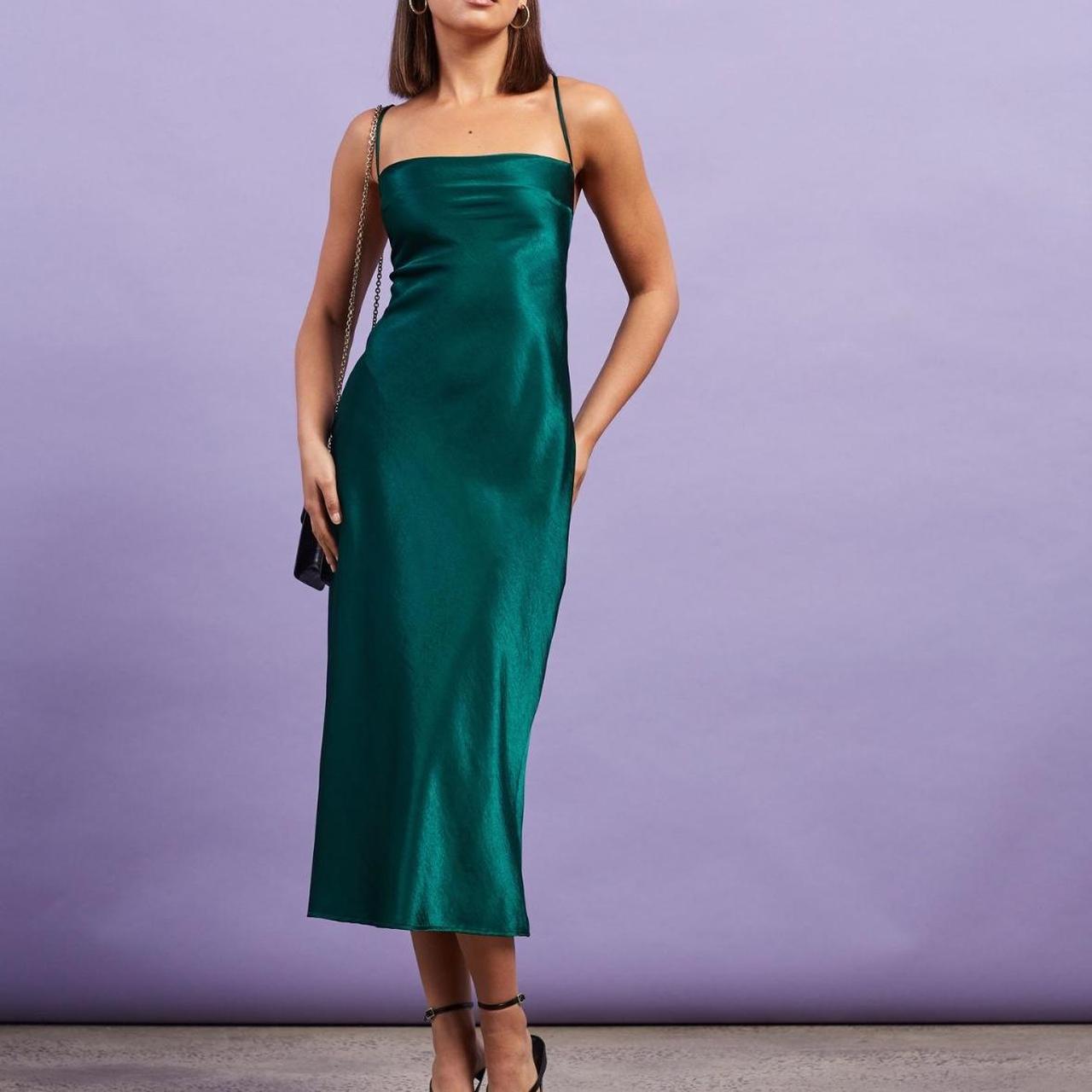 Emerald green satin midi dress with Depop