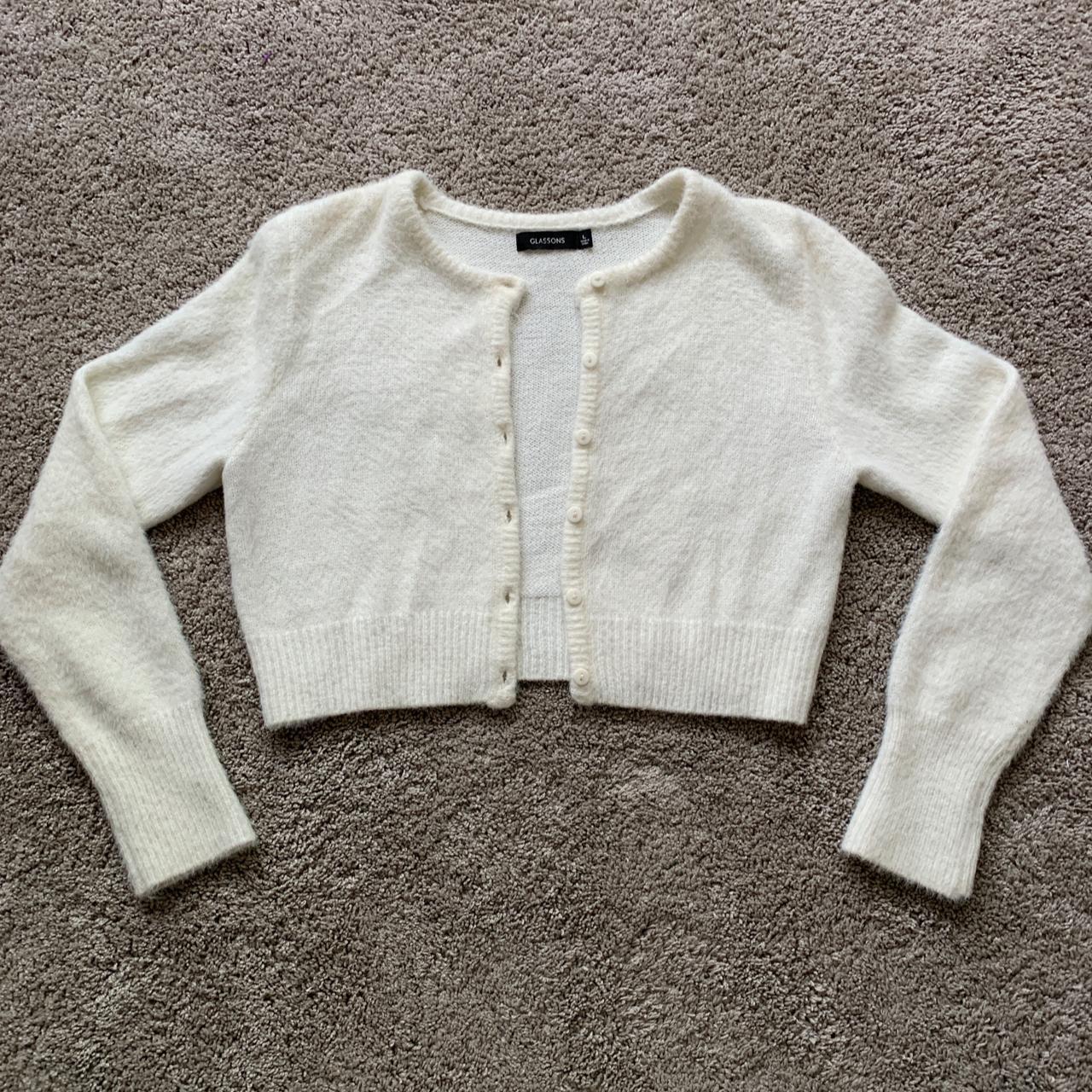 White cropped fluffy cardigan sweater - Depop