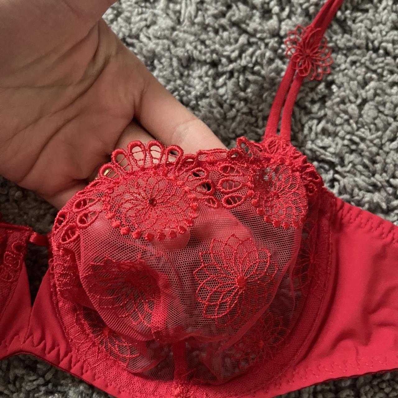 Vintage Simone Perele • Red mesh lacy bra with... - Depop