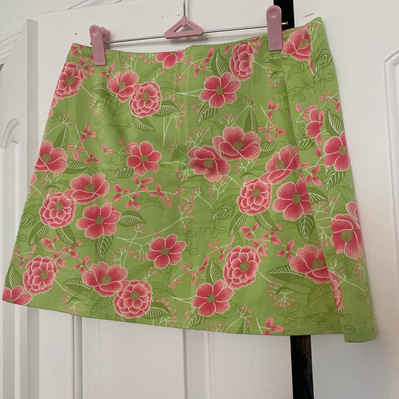 Green with pink floral print high waisted mini skirt - Depop