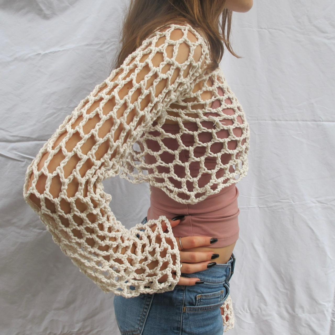 Crochet sweater Fishnet sleeves #handmade #crochet Depop