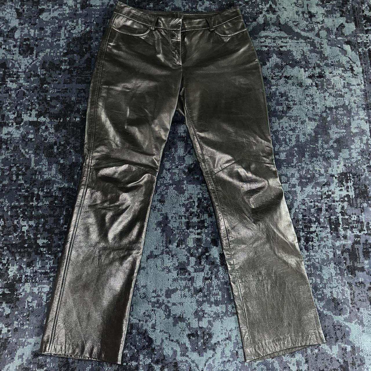 y2k vintage black genuine leather pants, lined on... - Depop