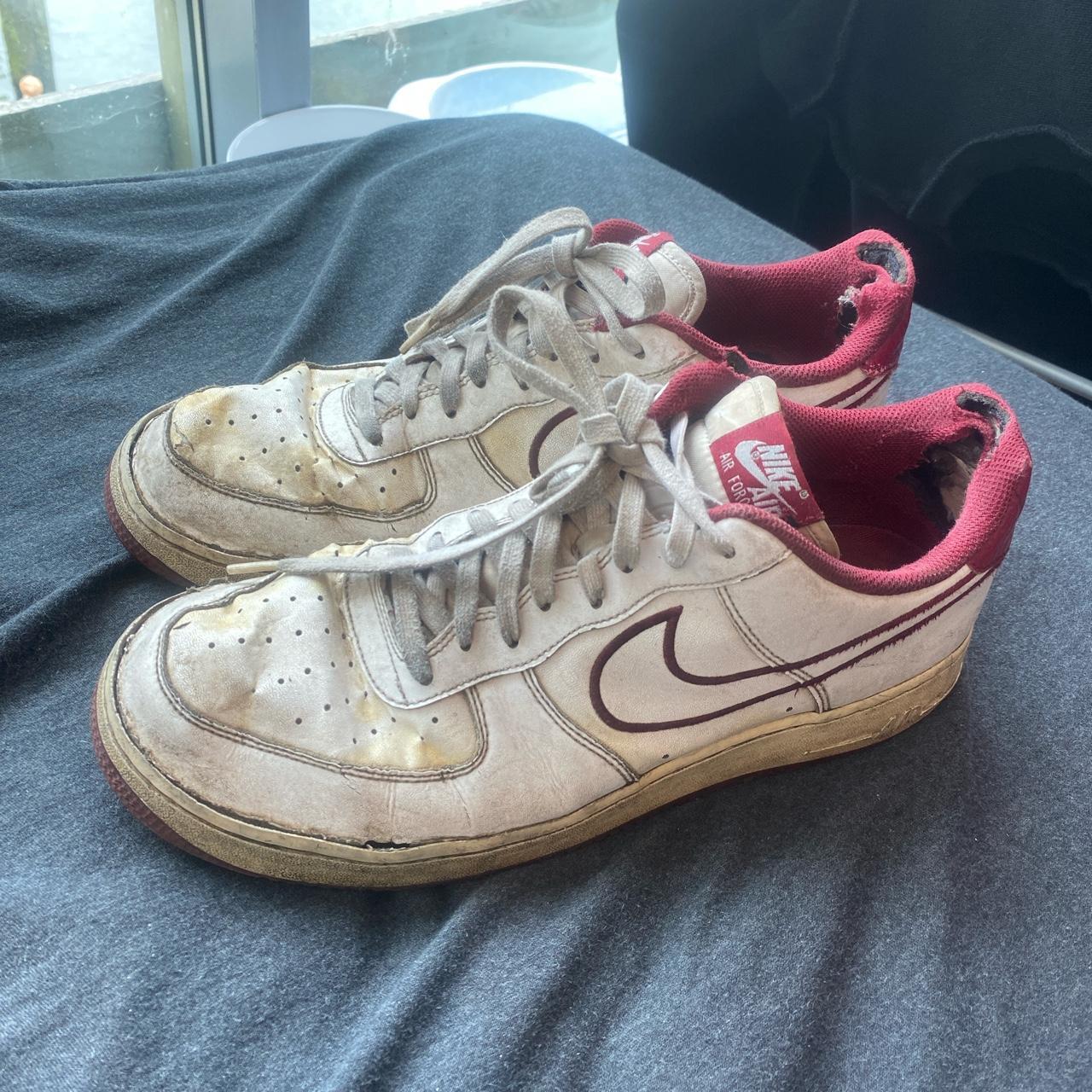 burgundy and white air force ones
