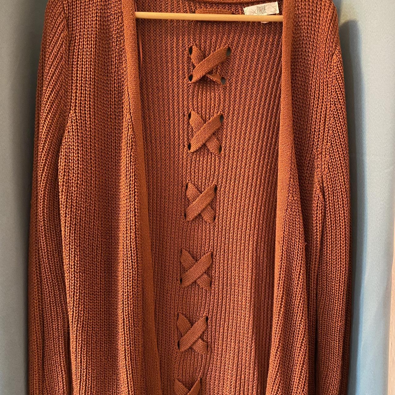 Pumpkin spice long cardigan with lacing detail.... Depop