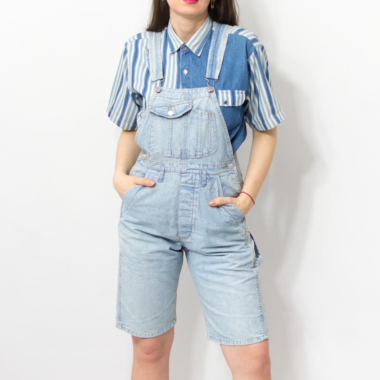 Vintage 90's Denim Overall Short In Blue - Brand:... - Depop