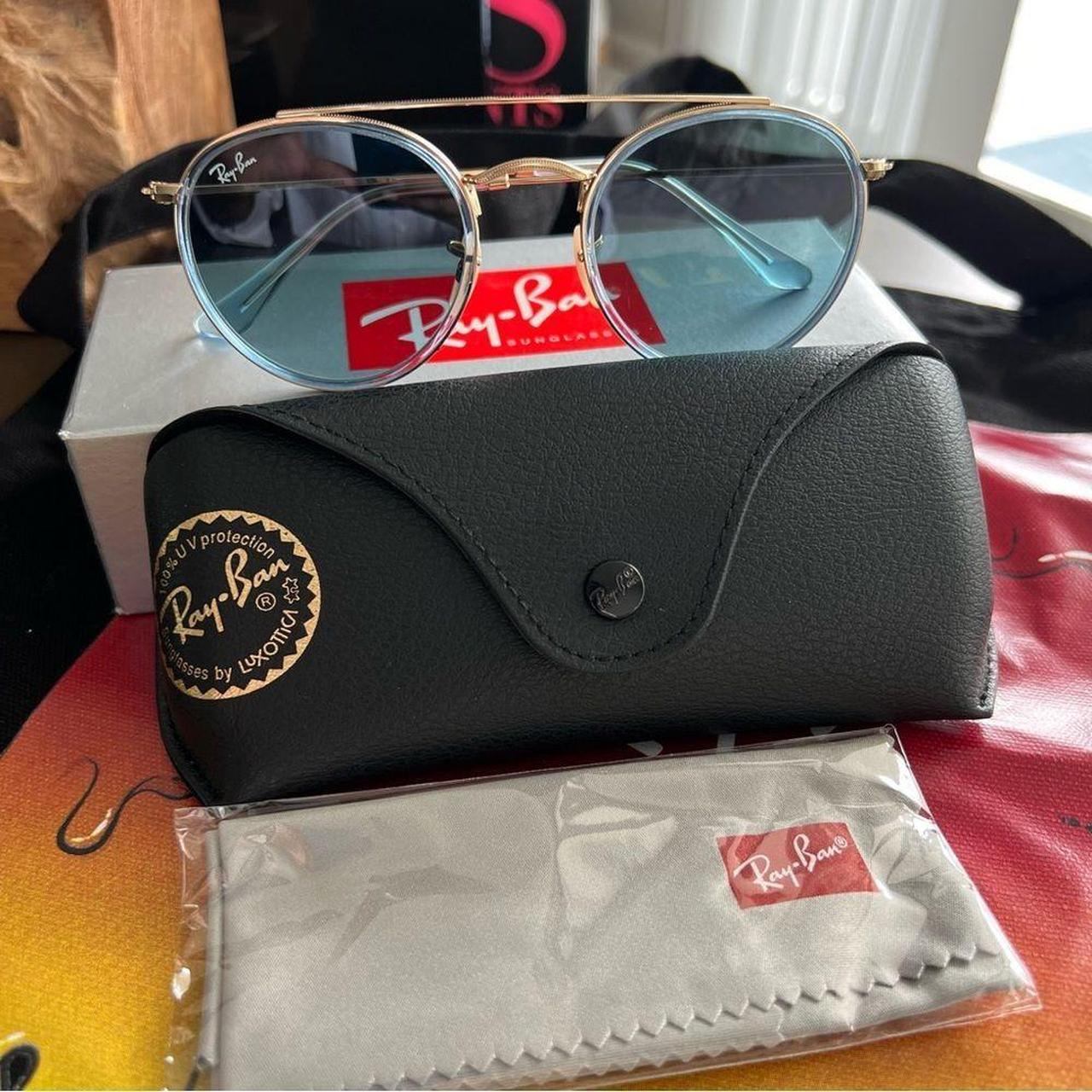 Ray-Ban Women's Gold and Blue Sunglasses | Depop