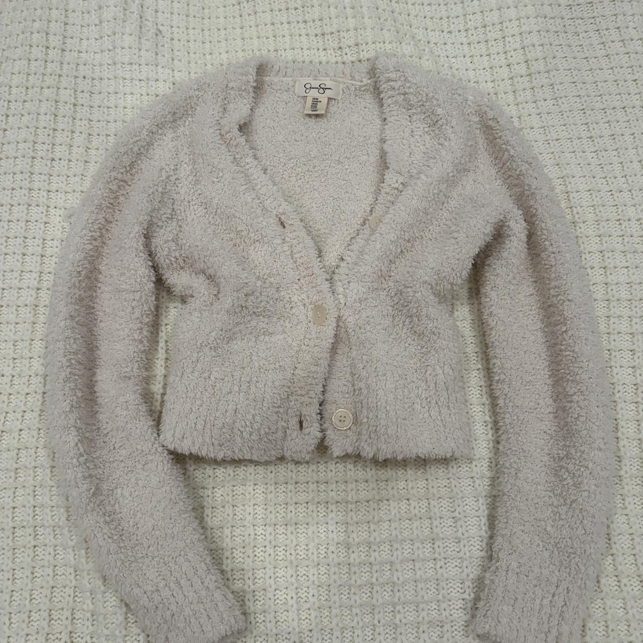 Jessica Simpson white fuzzy cardigan. Super cute | Depop